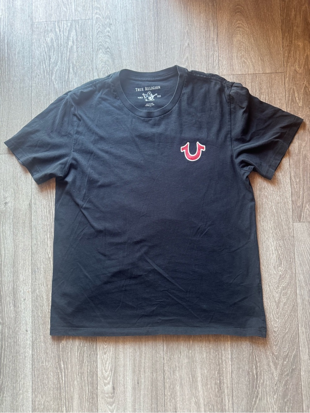 True Religion Black Tee with Red Horseshoe Logo